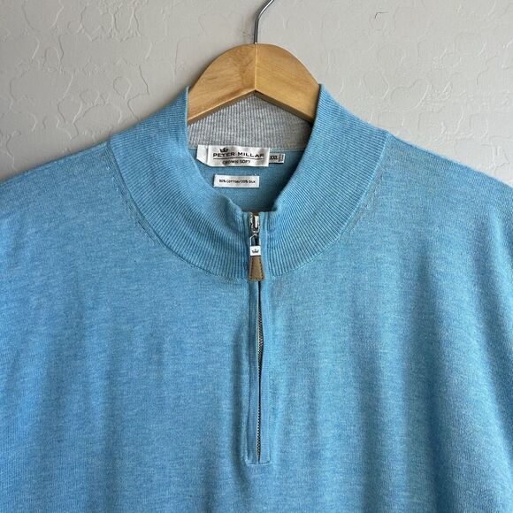 Peter Millar Crown Soft Sweater Men's XXL Blue Quarter Zip Cotton Silk Adult - Picture 3 of 5